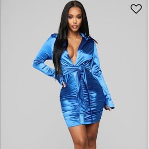 Blue satin scrunched dress